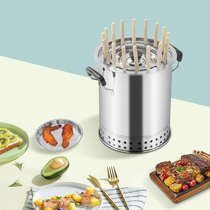 Smokeless Barbecue Charcoal Grill, Stainless Steel Portable kebab Surround Charcoal Barrel Shape Grill with 20 Skewers Grilling Accessories Set for Picnics, Camping (16 Skewers)