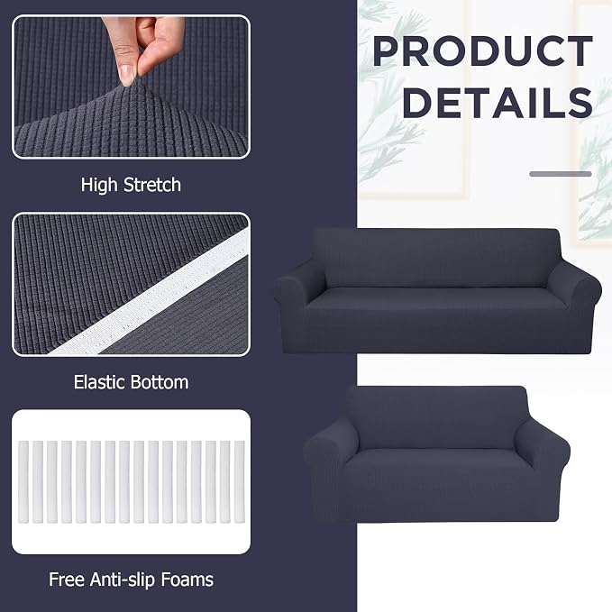 Peryiter 2 Pcs Couch and Loveseat Sofa Covers,Dark Gray,Fleece | Armchair Covers for Living Room, Sofa Cushion Slipcover 2/3 Seater, Furniture Protector, Polyester and Spandex, Washable