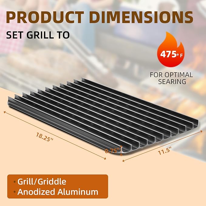 BAC772 18.25''x11.5'' Sear Grate Grill Accessory, Reversible Grill Grate Compatible with Most Grills, Aluminum Sear Grate with Non-Stick, Competition Level Sear Marks Capture Flavor and Moisture