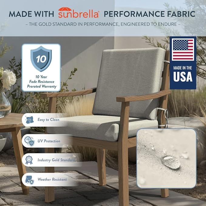 California Umbrella Outdoor Dining Chair, Set of 2 Patio Seat Cushions, 20 x 40 Inch, Premium Outdoor Memory Foam, Fade Resistant, Sunbrella Fabric, Fabric Ties, Canvas