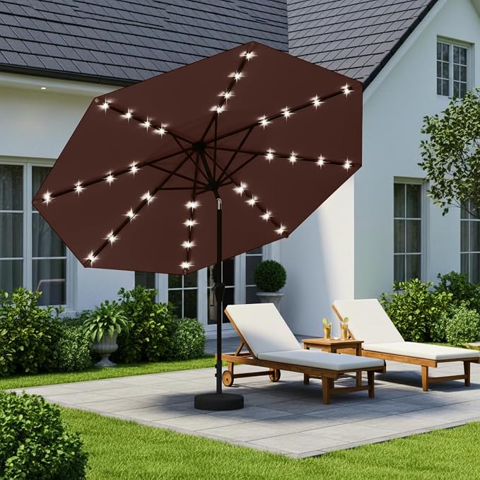 9' Solar LED Patio Umbrella with Tilt & Crank|8 Sturdy Ribs,UV Protection,Outdoor Market Table Umbrella for Deck,Lawn,Pool,Backyard(Brown)