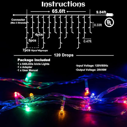 Icicle lights Outdoor - 66ft Christmas Lights with 640LED 120 Drops 8 Modes, Plug in Curtain String Lights Waterproof for Holiday Wedding Party Home Garden Bedroom Indoor Outdoor Decoration,Multicolor