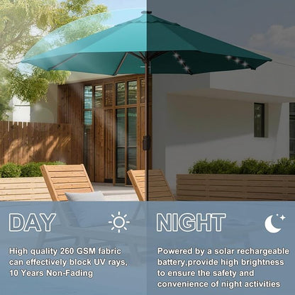 EliteShade USA 10-Year-Non-Fading 10ft Market Patio Umbrella, Commercial Grade Table Sun Umbrella with 80 Solar LED Lights, Crank Open, Windproof & UPF 50+ UV Protection for Garden, Deck, Pool, Backyard, No Tilt, Teal