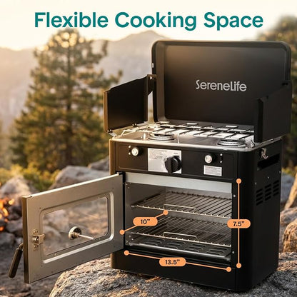 Camping Oven 3 in 1 Stove Oven Combo, Outdoor Camp Oven with 2 Burner Cooking, Piezo Ignition and Temperature Control, Compact RV for Camping and Tailgating