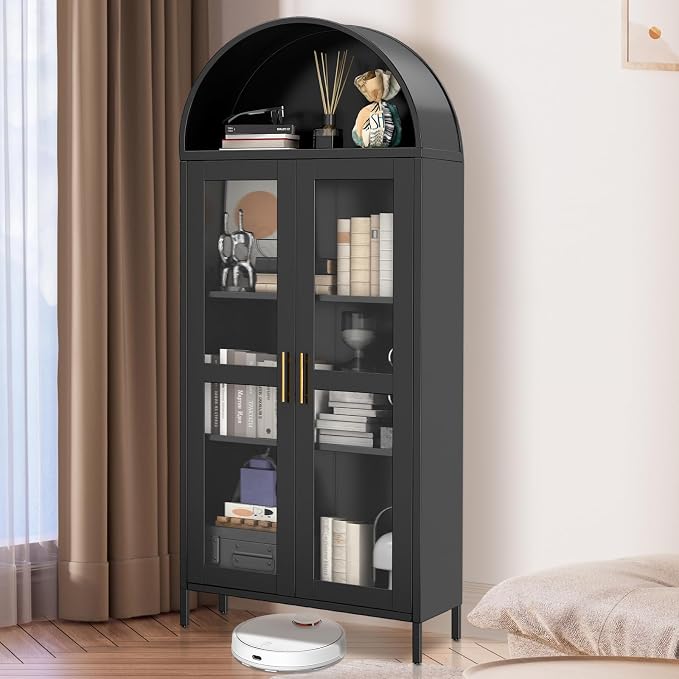 PioneerWorks 73" Arched Metal Storage Cabinet with Glass Door | 2 Adjustable Shelves | Arch-Top Storage Unit for Pantry, Living & Dining Rooms - Dark Black with Legs