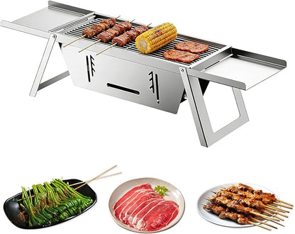 Foldable Small Charcoal Grill Portable Stainless Steel Charcoal Grill Perfect for 2-3 Outdoor Enthusiasts Ideal for Camping, BBQ, Picnics Tailgating Includes Gloves & Carry Bag