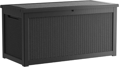 Outdoor Storage Box, 320 Gallon Lockable Resin Deck Box Large Waterproof, Patio Storage Bin for Furniture Cushion, Garden Tools and Pool Accessories, UV-Resistant Bench for Outside, Black
