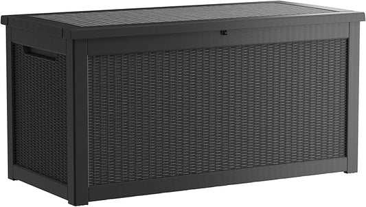 Outdoor Storage Box, 320 Gallon Lockable Resin Deck Box Large Waterproof, Patio Storage Bin for Furniture Cushion, Garden Tools and Pool Accessories, UV-Resistant Bench for Outside, Black