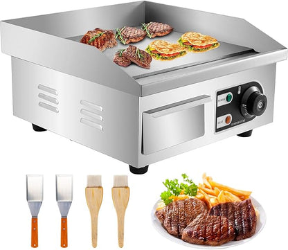VEVOR 14" Commercial Electric Griddle,110V 1500W Electric Countertop Griddle Non-Stick Restaurant Teppanyaki flat top Grill Stainless Steel 122°F-572°F Adjustable Temperature Control(No Plug)