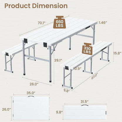 6' Picnic Table Set w/2 Benches 3-Piece 1-Case Camping Table Chair Set | HDPE Tree Pattern Top for Indoor or Outdoor Use Working Meeting Party, Camping, Picnic, Weddings With Handle Safety Locks