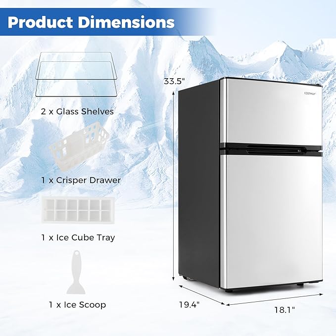 COSTWAY Compact Refrigerator, 3.2 Cu.Ft. Fridge Freezer Compartment with Reversible 2 Door, Adjustable Thermostat, Removable Glass Shelves, Mini Refrigerator for Bedroom Dorm Apartment, Glossy Silver