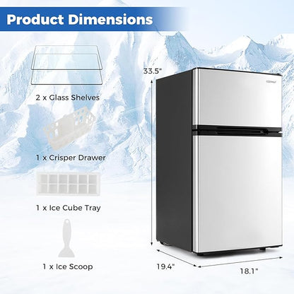 COSTWAY Compact Refrigerator, 3.2 Cu.Ft. Fridge Freezer Compartment with Reversible 2 Door, Adjustable Thermostat, Removable Glass Shelves, Mini Refrigerator for Bedroom Dorm Apartment, Glossy Silver
