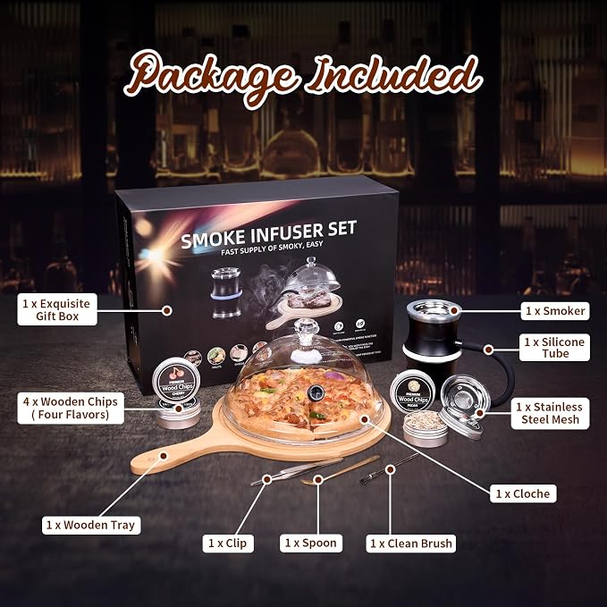 Cocktail Smoker Kit, Whiskey Smoker Kit with Accessories & 4 Flavor Wood Chip, Bourbon Old Fashioned Smoker Kit, Smoking Cloche Dome Cold Smoke for Food & Drink, Gifts for Men, Dad, Husband, Boyfriend