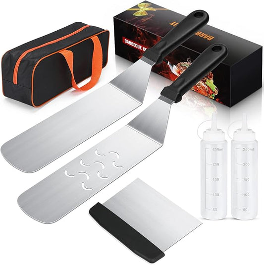 AULTONG 6-Piece Flat Top Griddle Accessories Kit for Blackstone and Camp Chef – Stainless Steel Tools with Carry Bag, Cleaning Brush, and Leak-Free Bottles(6pcs)