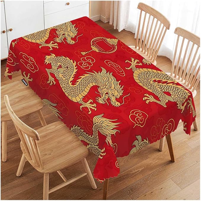 Swono Dragon Rectangle Tablecloth Traditional Flying Mascot Animal Chinese Dragons Red Table Cloth Dining Table Cover for Home Kitchen Restaurant Party Buffet Picnic, 52x70 Inch