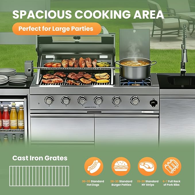 110" Outdoor Kitchen Island with 4-Burner 72000 BTU,Heavy-Duty Propane Grill with Side Burner,Rotisserie Oven,Galvanized Steel Roof,Granite Countertops,Refrigerator,Storage Cabinets,Sink(Propane Gas)