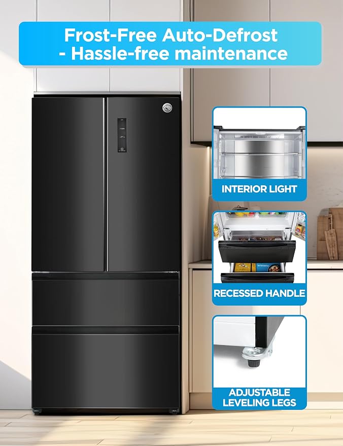 Commercial Cool 18.9 Cu. Ft. French Door Refrigerator, 33 Inch Wide Refrigerator with 2 Bottom Mount Freezer Drawers, Frost Free, LED Lighting, Digital Temperature Control, CCRF1890KB, Black | 33 Inch Wide Refrigerator with 2 Bottom Mount Freezer Drawe...