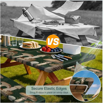 Picnic Table Cover with Bench Covers Camping Essentials Waterproof Windproof Camping Tablecloth with Drawstring Bag, Fitted Rectangle Tables and Seats, 72in, Dark Green Mushroom