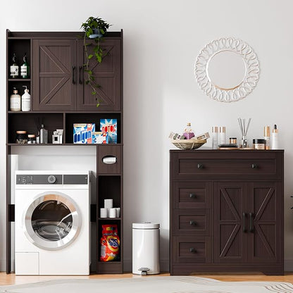 Vabches Farmhouse Storage Cabinet with 2 Doors and 4 Drawers, Freestanding Bathroom Storage Cabinet Kitchen Pantry, Floor Cupboard for Living Room/Bathroom/Kitchen,Espresso
