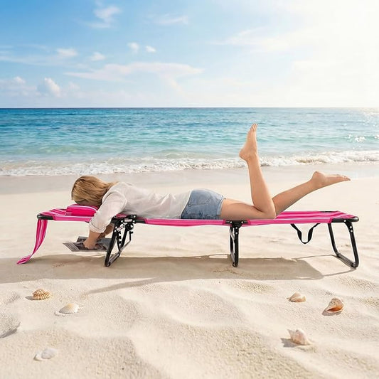 GYMAX Tanning Chair, Folding Lounge Chairs with Face Hole & Cover, Removable Pillow Carry Handle, Portable Compact Outdoor Layout Recliner for Beach, Poolside, Lawn, Patio, Camping (Pink Stripe,2)