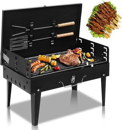 Portable Charcoal Grill, Foldable Barbecue Charcoal Grill, 3 Adjustable Height, BBQ Tool Kits for Outdoor Cooking Camping Hiking Picnics Tailgating Backpacking, Asadores de Carbon (Black)