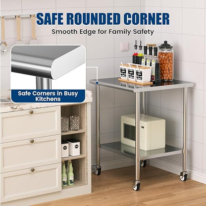 Stainless Steel Work Table with Wheels, 30x30 Inch NSF Kitchen Prep Table with Adjustable Undershelf for Commercial Restaurant, Garage, Outdoor BBQ