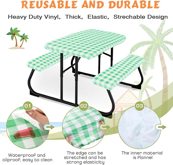 Moukeren 3 Pieces Picnic Table Cover for Kids with Bench Covers Fitted Tablecloth for Outdoors Vinyl Waterproof Cloth for Camping Home Goods Indoor Outdoor Patio BBQ(Green and White Plaid)