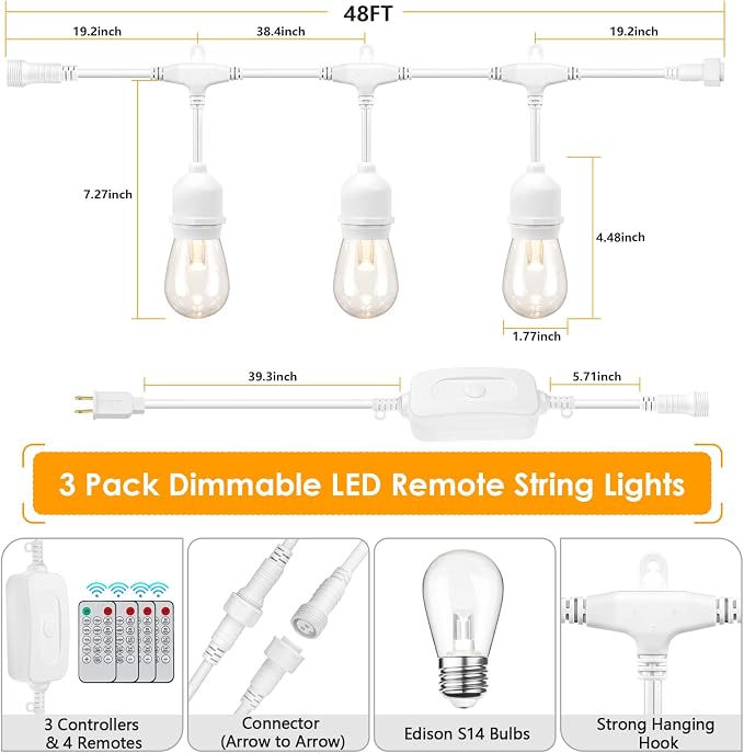Mlambert 3 Color Outdoor LED Dimmable String Lights with Remote, Plug in 144FT(3x48FT) Waterproof Shatterproof LED Light for Patio Backyard-White Cord