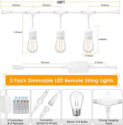 Mlambert 3 Color Outdoor LED Dimmable String Lights with Remote, Plug in 144FT(3x48FT) Waterproof Shatterproof LED Light for Patio Backyard-White Cord