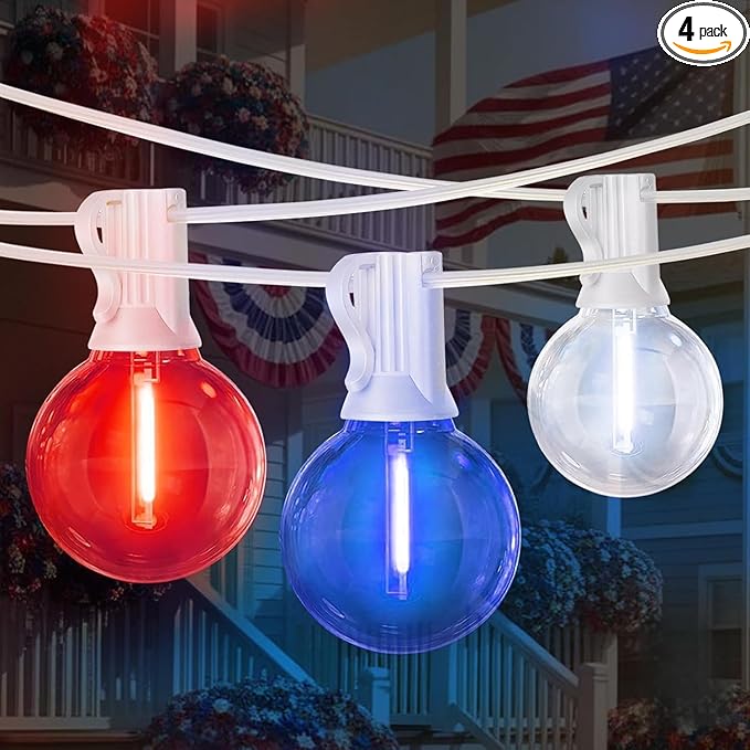 LAMPHOME 4-Pack 26Ft Outdoor Red White Blue String Lights, Patriotic Patio Light with 12+1 Edison Bulbs, LED Shatterproof String Lights for Outside Bistro Christmas Patio Party Decorations