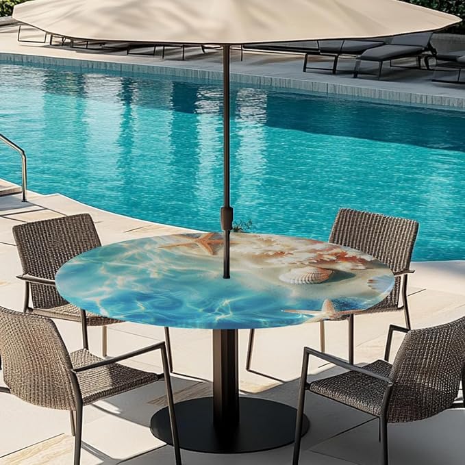 AUUXVA Round Outdoor Tablecloth with Umbrella Hole - Waterproof Patio Table Cover with Zipper Elastic Table Cloth Fits 45"-56" Tables for Party Cafe Garden Decor(Ocean Shells Starfish)