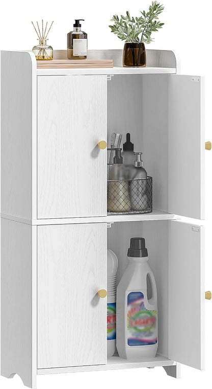 HEXCELEN Small Storage Cabinet, Modern Minimalism, White | Bathroom Storage Cabinet, 4 Doors, Floor Bathroom Organizer Freestanding, For Small Spaces, Living Room, Kitchen, Entryway