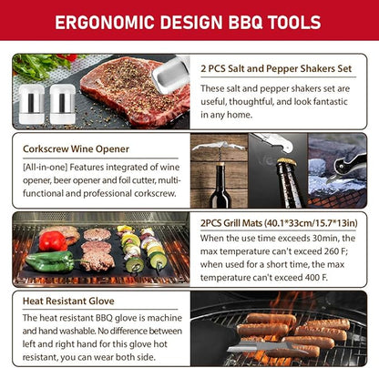 HUSSAR 34PCS BBQ Grill Tools Set Stainless Steel Grilling Accessories with Spatula, Tongs, Skewers for Barbecue, Camping, Kitchen, Complete Premium Grill Utensils Set in Storage Bag, Silver, (BTS-34)