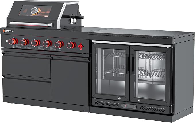 SERA C 4-Burner Propane Modular Outdoor Kitchen with Fridge Black | Black 304 stainless steel, 75,300 BTU + side burner, 68L fridge 0-10°C, soft-close, locking casters, compact patio backyard