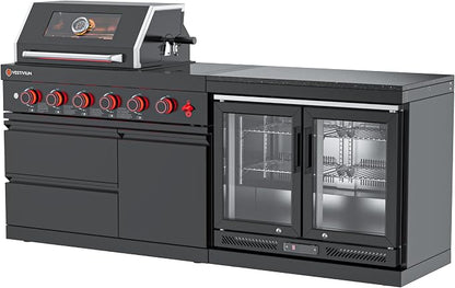 SERA C 4-Burner Propane Modular Outdoor Kitchen with Fridge Black | Black 304 stainless steel, 75,300 BTU + side burner, 68L fridge 0-10°C, soft-close, locking casters, compact patio backyard