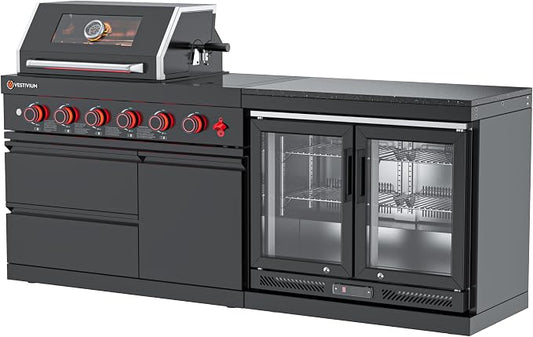 SERA C 4-Burner Propane Modular Outdoor Kitchen with Fridge Black | Black 304 stainless steel, 75,300 BTU + side burner, 68L fridge 0-10°C, soft-close, locking casters, compact patio backyard