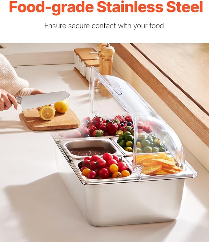 VEVOR Countertop Food Serving Display Container, 5 Pan Stainless Steel Food Serving Tray, Buffet Condiment Dispenser Display Rack with Clear Lid & 3 Freezer Boxes, for Restaurant Hotel Kitchen Party