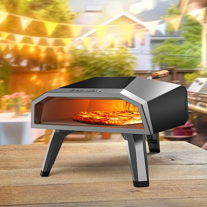 ECOWELL 12" Pizza Oven Outdoor Wood Fired, Outside Pellet Pizza Oven | with Pizza Stone/Peel/Cutter, Infrared Thermometer and Portable Cover, Black