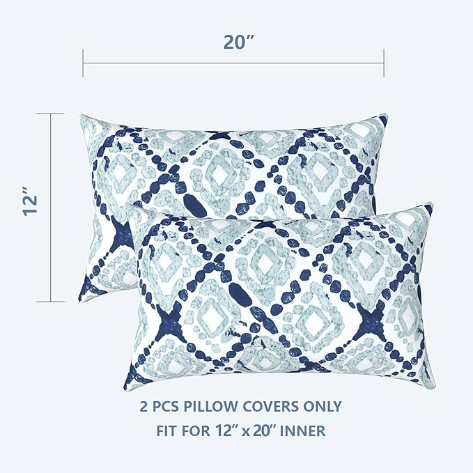 LVTXIII Outdoor/Indoor Lumbar Pillow Case Covers ONLY, 12" x 20" Patio Garden Decorative Lumbar Pillow Covers, Pack of 2 for Outdoor Home Patio Furniture Use - Boho Geometry Blue