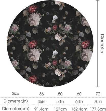 Vintage Florals Round Tablecloth, Black Pink Garden Gothic Flowers Rustic Roses Boho Botanical Plant Water Resistant Wipeable Table Cover for Picnic Party Holiday Kitchen Dinner Table 50"