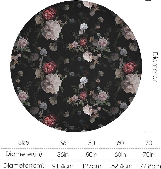 Vintage Florals Round Tablecloth, Black Pink Garden Gothic Flowers Rustic Roses Boho Botanical Plant Water Resistant Wipeable Table Cover for Picnic Party Holiday Kitchen Dinner Table 70"