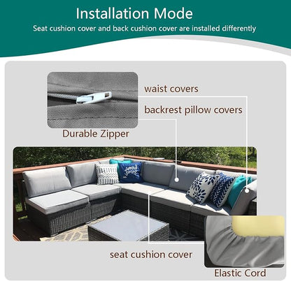 Outdoor Cushion Covers Replacement 14 Pcs, Grey | Patio Cushion Covers fit for 7Pieces 6-Seater Wicker Rattan Sectional Couch Sofa Outdoor Cushion Slipcovers Set