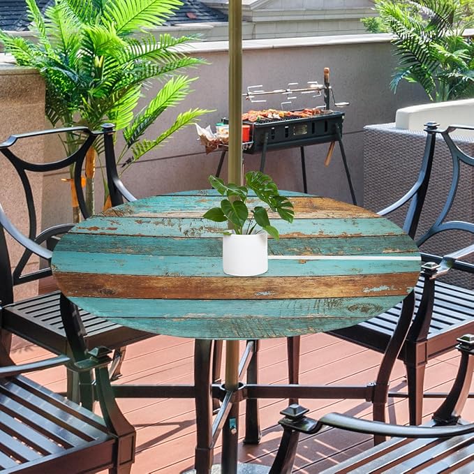 Teal Wooden Texture Outdoor Fitted Round Tablecloth with Umbrella Hole, 36"-44" Elastic Patio Table Cloth with Zipper Oil-Proof Waterproof Patio Table Cover for Picnic Party Spring Decoration