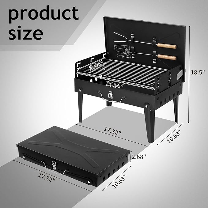 Portable Charcoal Grill, Foldable Barbecue Charcoal Grill, 3 Adjustable Height, BBQ Tool Kits for Outdoor Cooking Camping Hiking Picnics Tailgating Backpacking, Asadores de Carbon (Black)