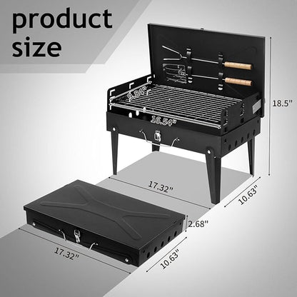 Portable Charcoal Grill, Foldable Barbecue Charcoal Grill, 3 Adjustable Height, BBQ Tool Kits for Outdoor Cooking Camping Hiking Picnics Tailgating Backpacking, Asadores de Carbon (Black)
