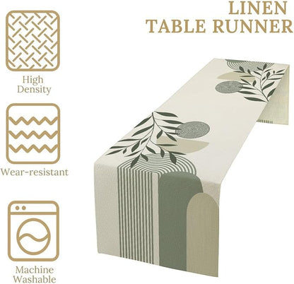 Boho Leaves Table Runner Sage Green Mid Century Modern Abstract Arch Geometric Minimalisted Spring Seasonal Dinner Runner for Farmhouse Kitchen Dining Home Holiday Party 13x108in