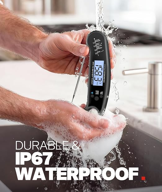 Instant Read Meat Thermometer Digital, 1-2 Sec, Cooking, Food, BBQ | Fast Response, Waterproof, Backlit Display for Grilling, Air Fryer, Smoker, Kitchen Gadgets, Gift for Dad Men, Black