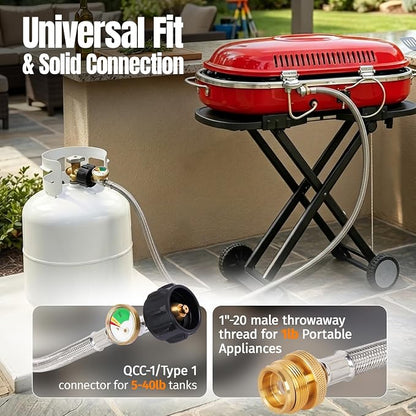 SHINESTAR 6ft Propane Hose Adapter 1lb to 20lb with Gauge- Propane Tank Adapters 1 lb to 20 lb Converter,5-40lb Propane Hose Adapter for Blackstone Griddle/Weber Q Grill/Coleman Stove/Buddy Heater
