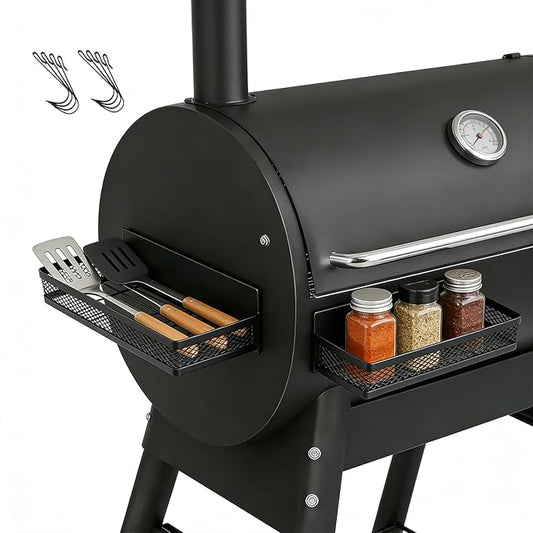 2-Pack Magnetic Storage Bin for Charcoal Grill with 8 Hooks, Shelf for Outdoor Smoker, Food-Grade BBQ Tool Organizer for Pellet Grill, Black
