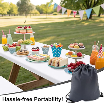 Smiry Picnic Table Cover with Bench Covers, Waterproof Elastic Fitted Polyester Tablecloths for 8 Ft Rectangle Tables, Washable Windproof Tablecloth for Camping, RV & Outdoor (White, 30x96 Inches)